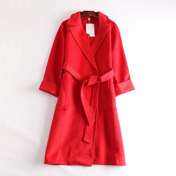 

new slim womens long coats 2018 winter full sleeve belt wool blend coat and jacket solid turn-down collar ladies coats, Black
