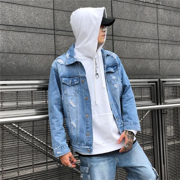 

2020 washed denim print washed hole denim jacket print loose men's jacket men sa-8, Black;brown