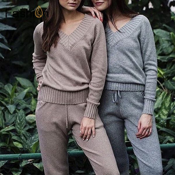 

sweater women suit and sets knitted sweaters pants 2pcs track suits woman casual knitted trousers jumper clothing set, White