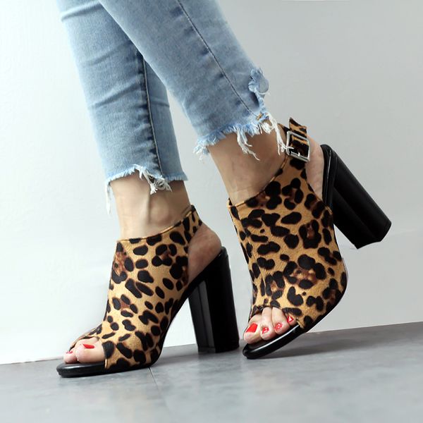 

women's summer leapord buckle sandals open toe ankle strap chunky block high heel dress party pump sandals for lady, Black