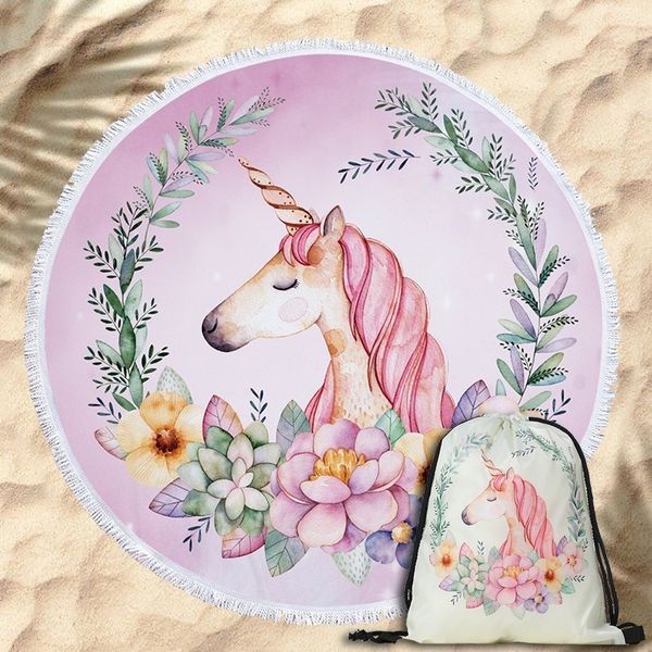 

new beautiful unicorn pattern big round beach towel for swimming bath towels with portable travel storage bag summer towel blanket