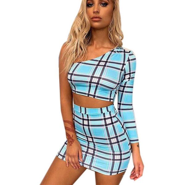 

summer fashion women elegant unilateral long sleeve plaid short t-shirt mini package hip skirt suit, White