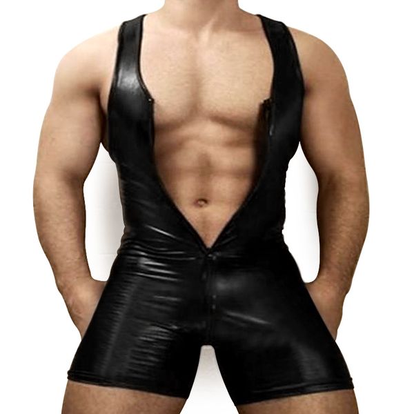 

plus size men bodysuit game night club teddies gays erotic lingerie male fetish patent leather costumes, Black