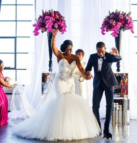 

Mermaid Wedding Gowns With Sweetheart Beads Appliques Backless Bridal Dress Tulle Custom made Plus Size Wedding Dress