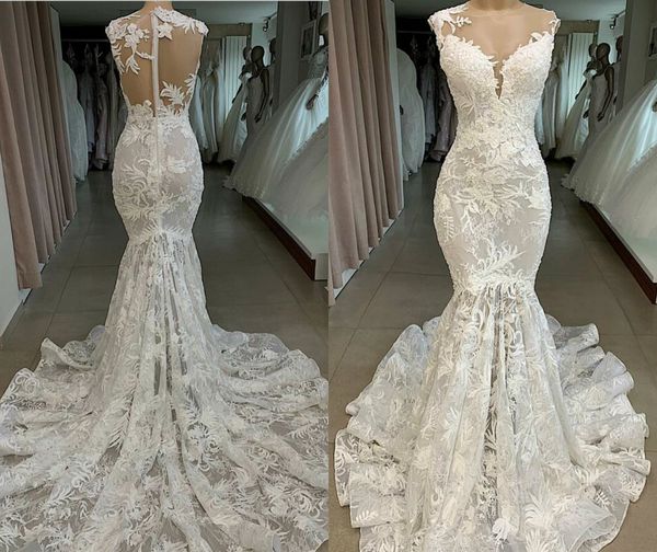 

floral mermaid wedding dress jewel sheer sleeveless applique lace bridal dresses sweep train custom made sell vestidos de novia sell, White