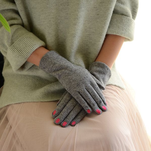 

fashion elegant female wool knit embroidery touch screen gloves winter women warm cashmere full finger leather bow gloves c24, Blue;gray