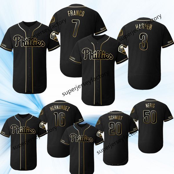 

Philadelphia 2019 Golden Edition Jerseys Bryce Harper Rhys Hoskins Mike Schmidt Aaron Nola Odubel Herrera Hector Neris Phillies Jerseys
