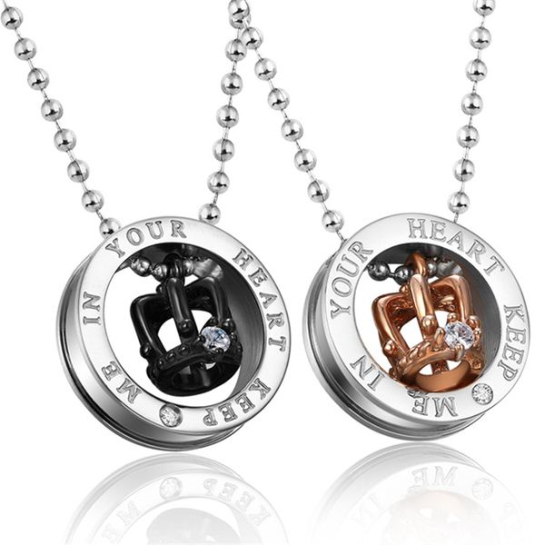 

fashion couple crown pendant necklace women rose gold stainless steel jewelry zircon necklace men letter choker chain choker men, Silver