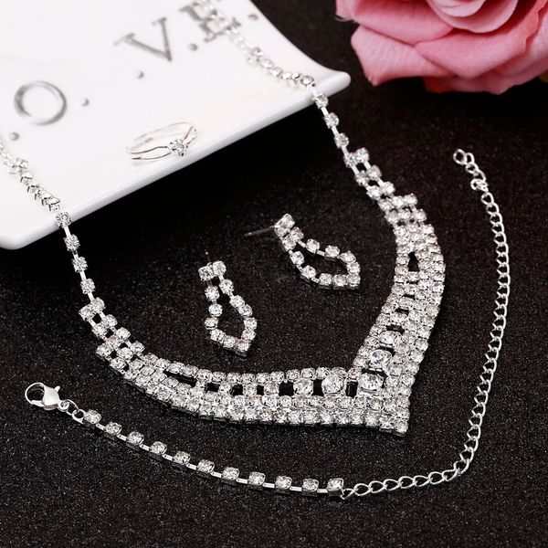 

rhinestone crystal choker necklace earrings bracelet ring wedding jewelry silver plated sets wedding accessories