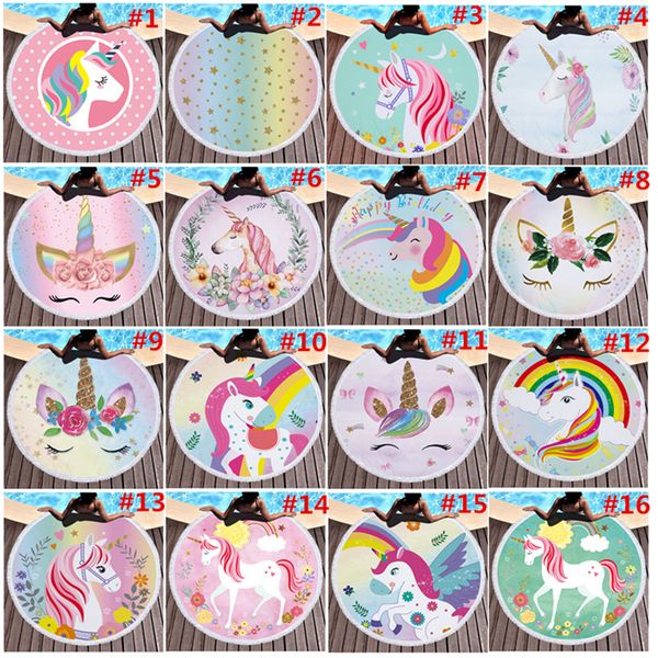 

unicorn beach towel 150*150cm round beach towels with tassel superfine fiber swimming bath towel cartoon shawl yoga mat blanket 16 colors