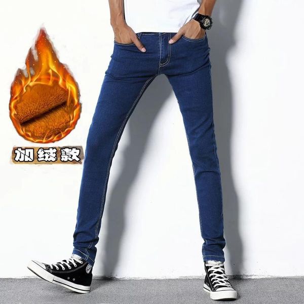 

матовые и толстый теплых сплошных цвета джинсы мужчина slim fit эластичность тощая осень и зима повседневных брюки корейского стиля мужских, Blue