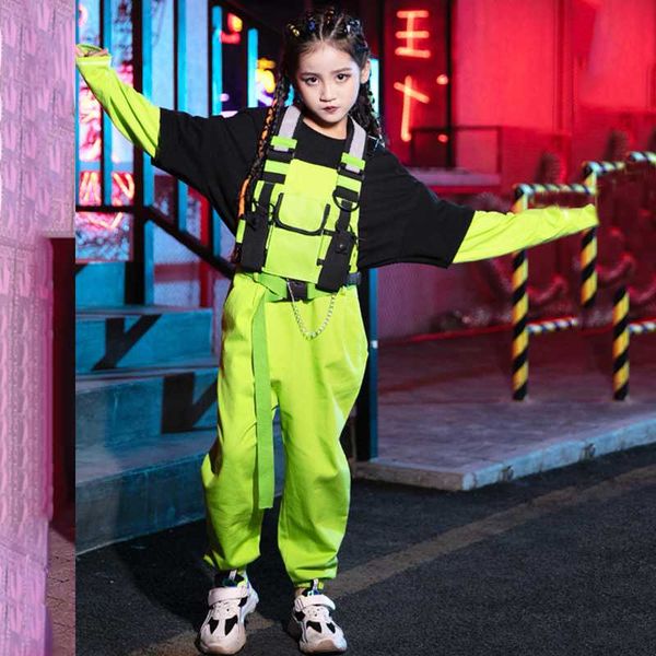 

splicing hip hop dance clothing kids fluorescent green suit jazz dancing clothes festival children ropa hip hop stage outfit, Black;red