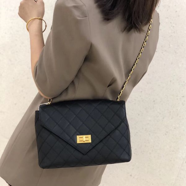 

women chain shoulder bag real leather diamond lattice female messenger purse envelope cover black sac