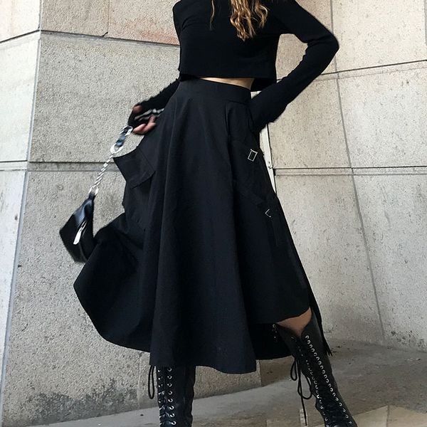 

women black long skirt high waist loose casual ribbon pocket design irregular cargo skirt female streetwear plus size skirts