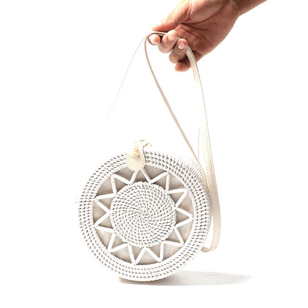 

new white round rattan bags for women boho beach crossbody bag straw handmade woven circle shoulder bag female handbags(pentagra