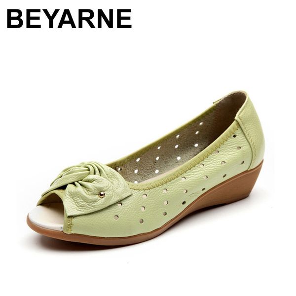 

beyarne 2019 new spring summer wedges sandals women bowtie casual women shoes genuine leather sandals woman fish mouth toe, Black