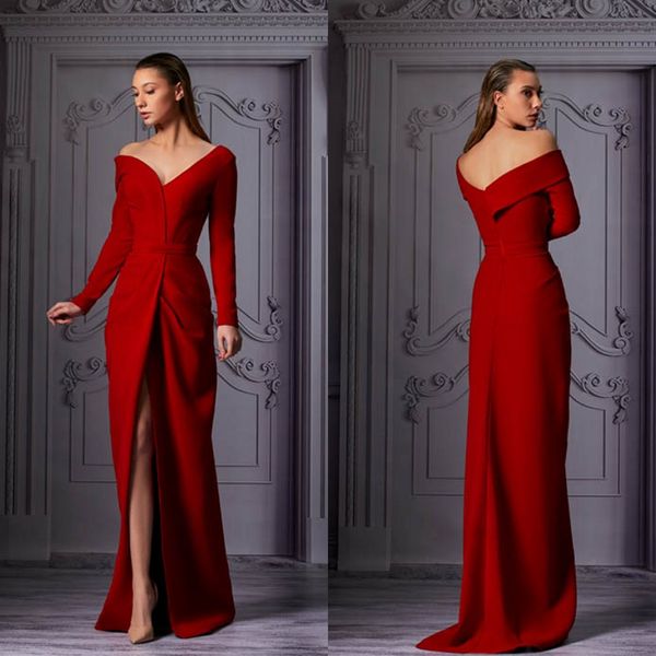 Элегантные красные вечерние платья с плеча с длинным рукавом платье выпускного вечера спереди Сплит длина пола красный ковер вечернее платье robes de mariée