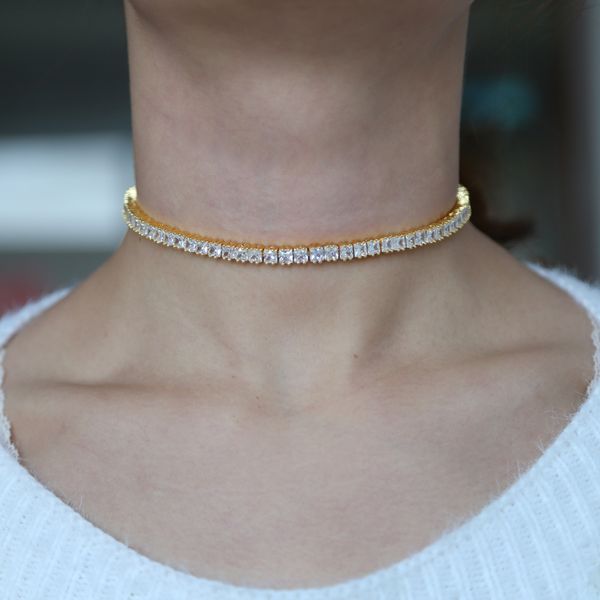 

gold rose gold square cz tennis choker necklace for women 32+8cm wedding engagement gift, Silver