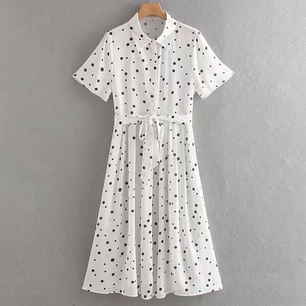 

new dress women 2020 summer women's dress fashion elegant dot print lapel cardigan slim belt street dresses apparel, Black;gray