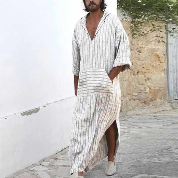 

incerun arabia man abaya men robes kaftan muslim arab solid cottonthobe vintage loungewear plus size islamic v-neck, Red