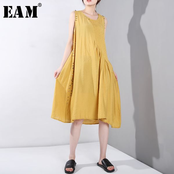 

eam] 2019 new spring summer round neck sleeveless black rivet irregular hem temperament vest dress women fashion tide ju773, Black;gray