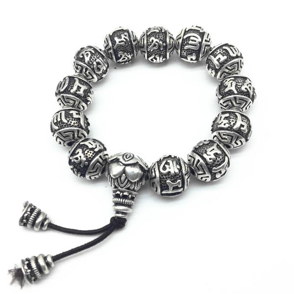 

retro vintage tibetan silver buddhism mantras bracelet men amulet six words om mani padme hum lotus beads bracelet for women, Golden;silver
