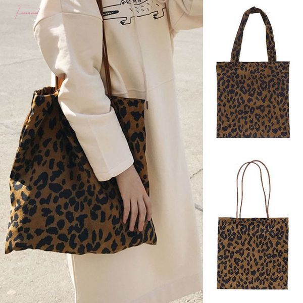 

corduroy shopping bag reusable tote handbag leopard pattern shoulder bags shoppers