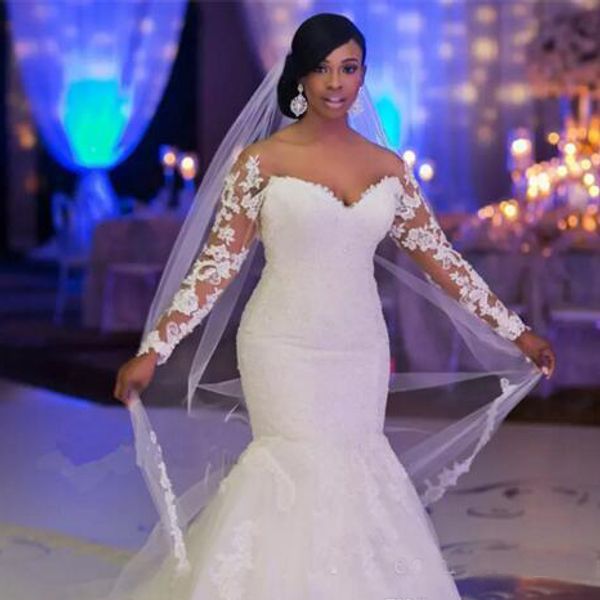 

African Plus Size Wedding Dresses Off The Shoulder Long Sleeves Lace Appliques Lace Custom Made Mermaid Wedding Gowns Cheap Bridal Dress