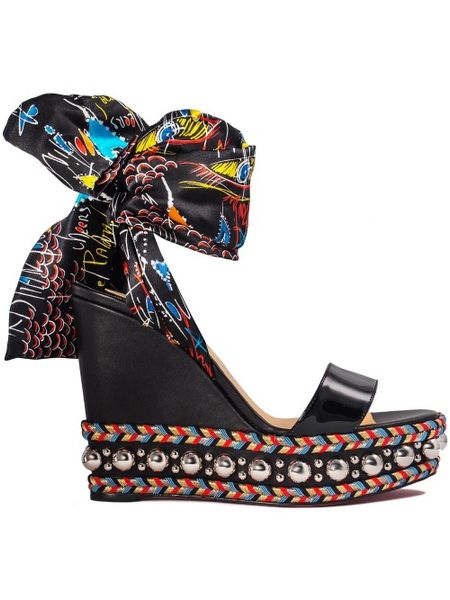 

perfect quality ladies red bottom levantine wedge & sandal with bow & graffiti ankle strap gladiator sandalias mujer eu35-42, Black