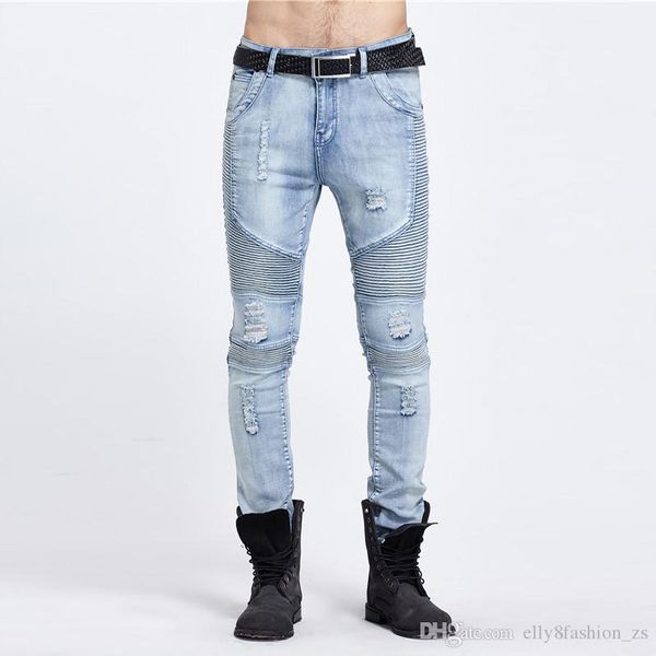 

2017 осень зима улицы европы сша байкер взрыв модели джинсов локомотив отверстие только брюки личность прилив джинсы, Blue