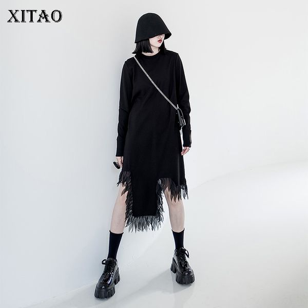 

xitao irregular mesh lace hem women dress long sleeve loose plus size ladies dress minority fashion women clothes 2019 wld3065, Black;gray