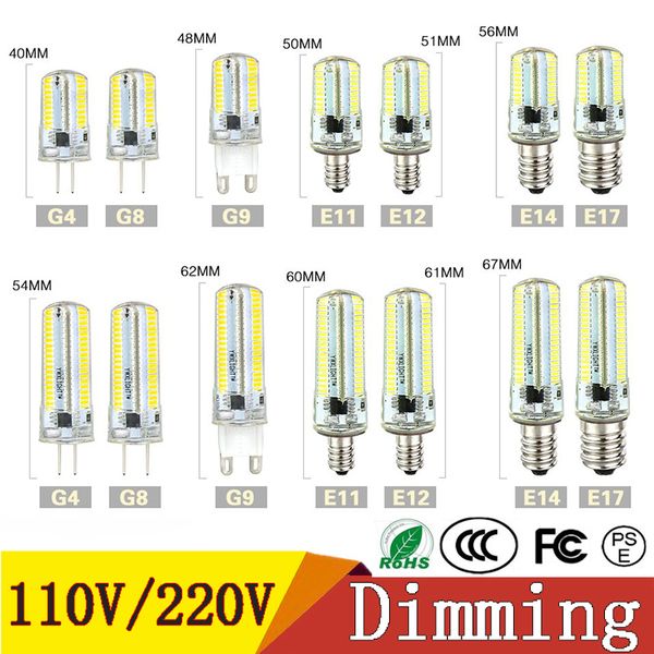 Dimmable Led Lights SMD 3014 Светодиодная луковица G4 G9 G9 E11 E12 14 E17 Кристально силиконовые лампы прожектора 110 В 220 В 64 152 Светодиоды