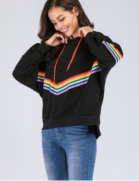 

2019 европа и сша внешняя торговля взрыв модели свободная радуга лента хит цвет с капюшоном пуловер свитер женщин, Black