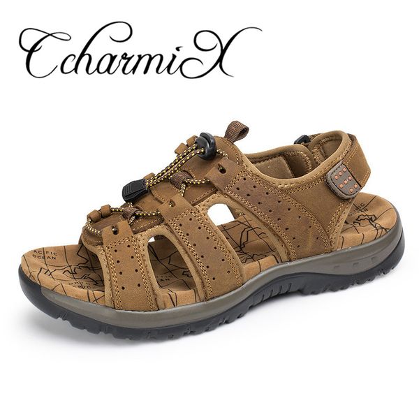 

ccharmix men beach sandals genuine leather breathable luxury sandals man summer cow leather slides large size for male, Black