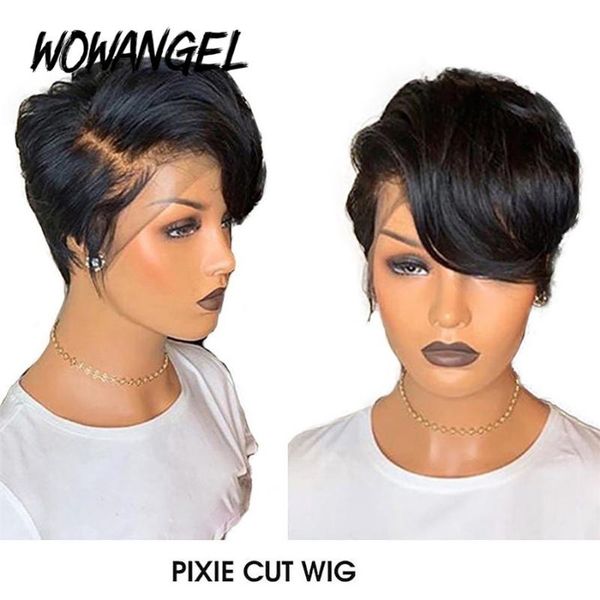 

wowangel pixie cut wig 13*6 lace front human hair wigs remy brazilian preplucked hairline bleached knot wavy natural black color, Black;brown