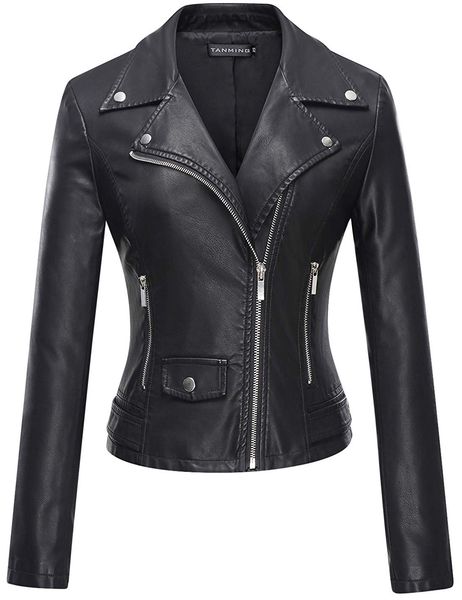 

new women's faux leather moto biker short coat jacket lapel zipper waist motorcycle washed short leather jacket, Black