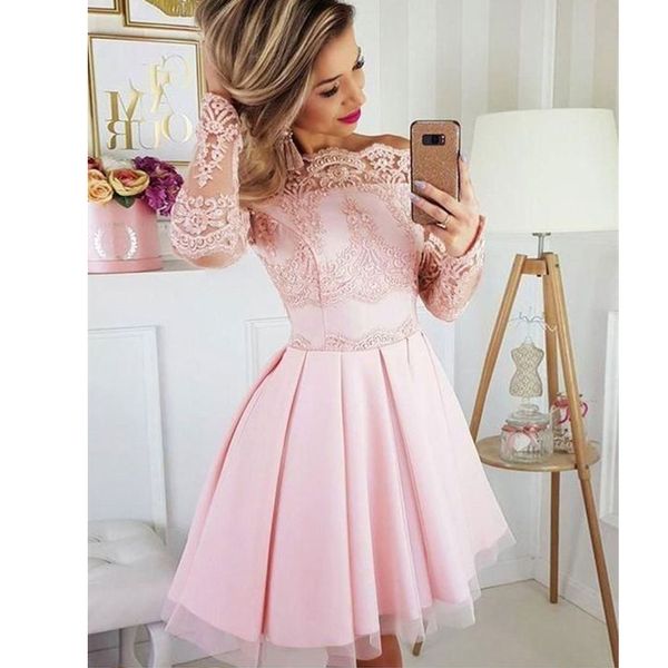 

2019 pink lovely bateau a line homecoming dresses with lace long sleeve 8th grade juniors cocktail dress party gowns graduation dresses, Blue;pink