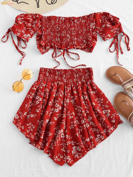 

shoulder off cinched floral set women summer slash neck short sleeves crop high waist shorts set beach boho suits, Gray