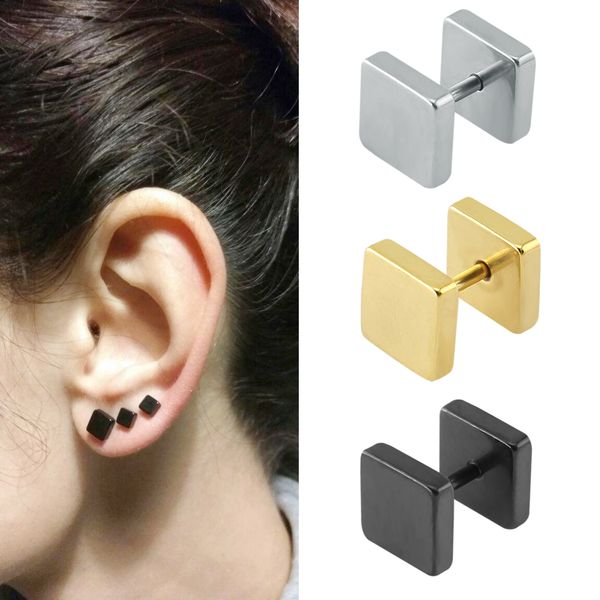 

punk fashion 2-10 mm square ear stud earring gothic style fake tunnel plug earlobe piercings surgical steel cartilage ear stud, Golden;silver