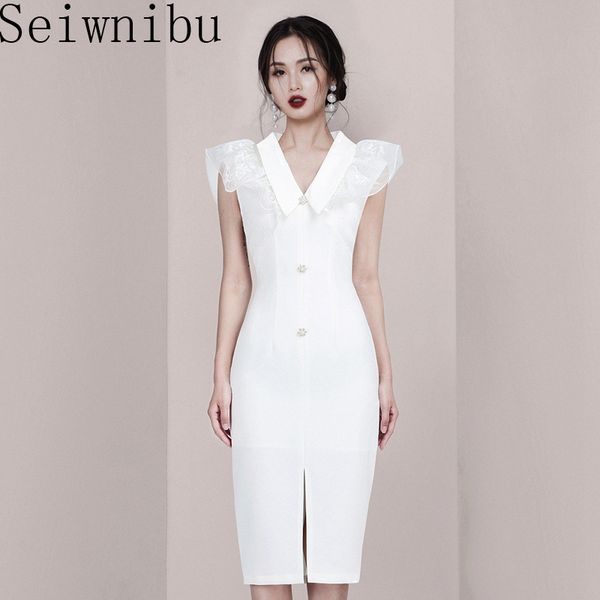 

cy romantic style suit lapel lace patchwork flruffled middle long slim dress dress slit elegant wedding party, Black;gray