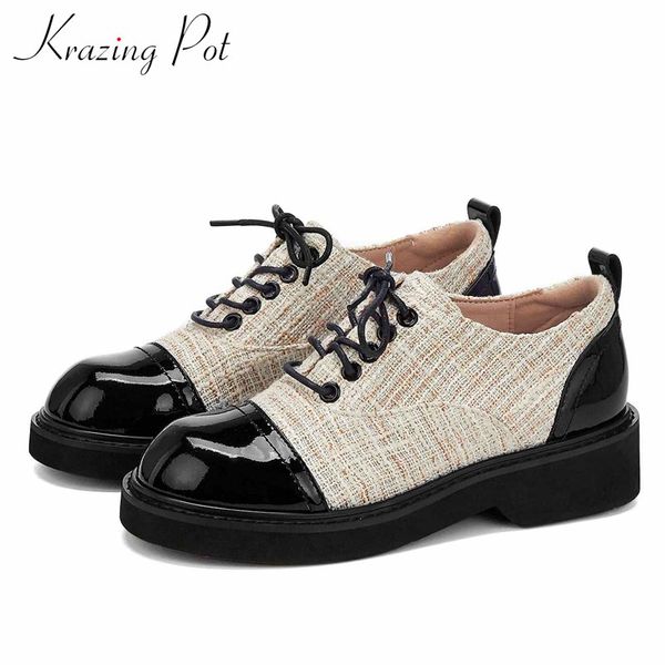 

krazing pot genuine leather british style mixed colors lace up med heels round toe elegant women fashion classic new pumps l70, Black
