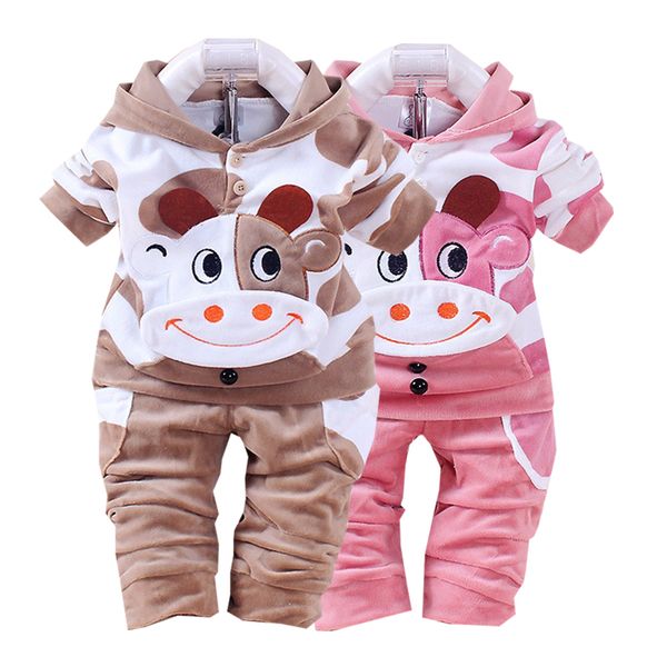 

boy girls clothes cartoon printing plus velvet warm hooded jacket pants two sets 0-2 y baby quality clothing 2020 sale, White