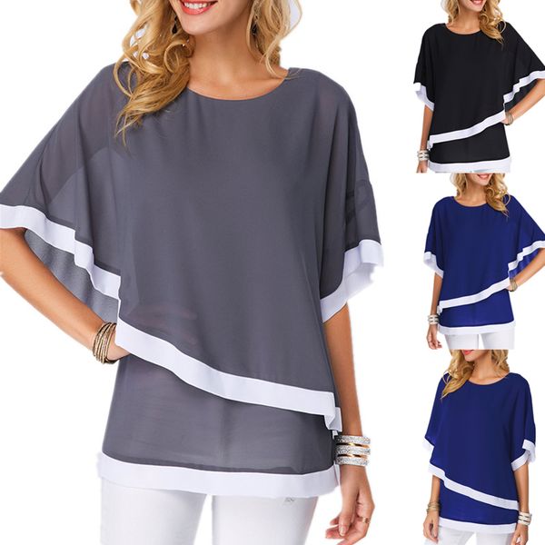 

summer women chiffon shirt 2020 bat sleeve stitching irregular loose casual 5xl big and plus size blouse for female tunic, White