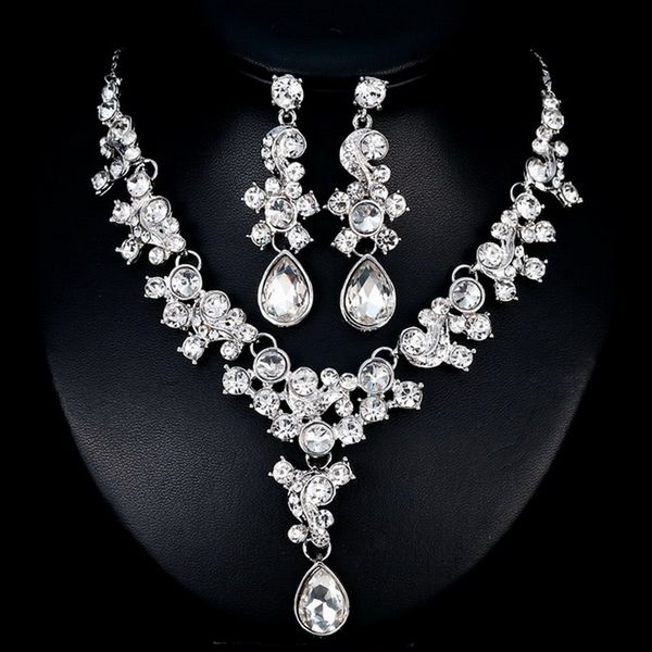 

wedding jewelry sets big crystal water drop bridal jewelry set for women silver choker necklace earrings wedding decoration