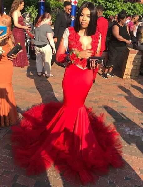 

2019 new elegant long sleeves prom dresses mermaid lace appliques deep v neck evening party dresses vestido de festa formal dresses, Black