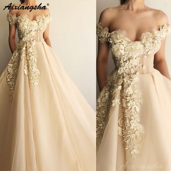 

champagne muslim evening dresses 2019 off shoulder flowers lace islamic dubai kaftan saudi arabic long evening gown prom dress, White;black