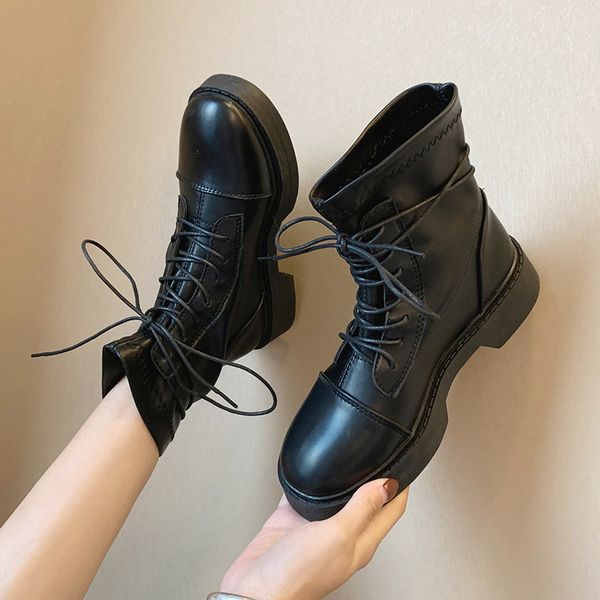 

lolita boots booties ladies rock shoes woman round toe boots-women low heels booties lace up winter footwear luxury designer, Black