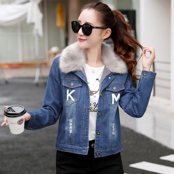

women winter autumn denim jackets loose plus size 4xl korean warm jean coats fur collar wool liner thicker female jacket, Black