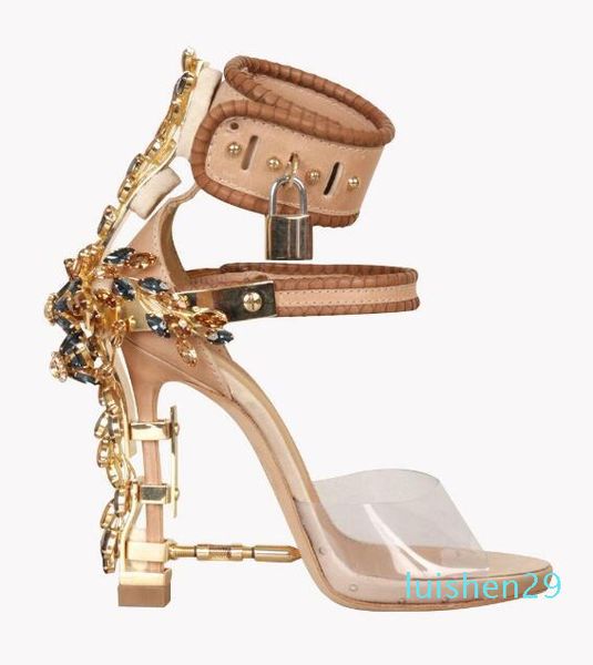 

moraima snc open toe padlock spiked high heels transparent pvc rihanna style crystal sandal rhinestones party wedding shoes l29, Black