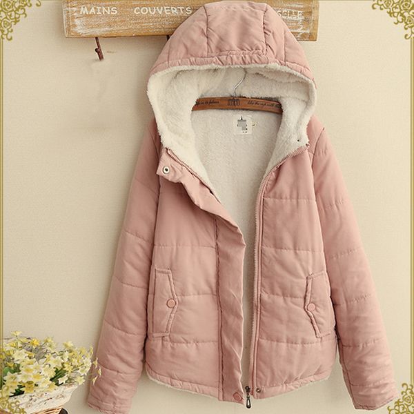 

japanese winter casual sweet warm parkas women mori girl solid color hooded cotton padded pocket soft female vestido coats z132, Black